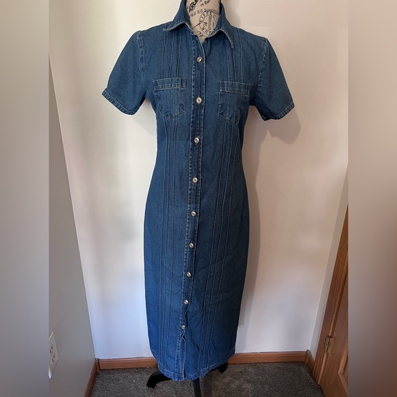 Vintage Dresses & Skirts - Expressions 90s Vintage Denim Button Front Midi Dress Small 100% Cotton Collared